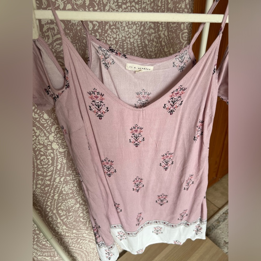 LA Hearts by PacSun Cold Shoulder Shirt Sleeve Pink White Floral Mini Dress - Picture 2 of 7